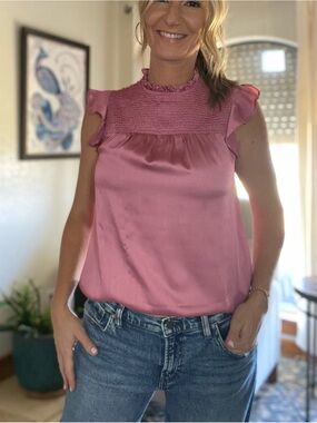 Old Navy Rose Pink Smocked Ruffle Sleeve Blouse